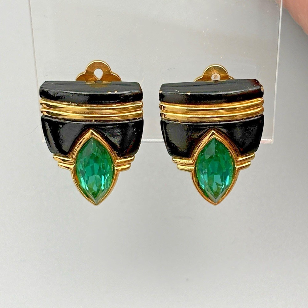 Vintage Rush Kramer Clip On Earrings Green Rhinestone Black Gold Tone Modernist